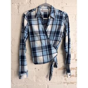 Liz Claiborne Blue Plaid Wrap Top Tie Waist Button Long Sleeve Cotton L Festival